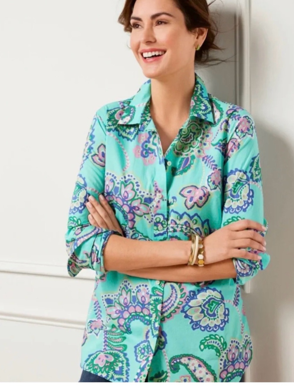 Talbots Paisley Button Up Shirt Aqua Multi Size XLP Petite